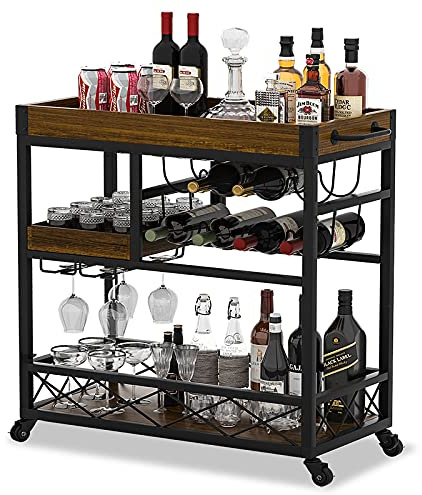 Bar Cart Industrial Mobile Kitchen Serving Carts for Home 3 Tier Storage Trolley with Wine Rack Glasses Holder Two Portable Trays Universal Casters with Brakes Rustic Rolling Cart for Indoor Outdoor