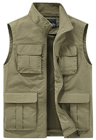 Yukirtiq Herren Anglerweste Outdoor Weste mit Vielen Taschen Fischerweste Schnelltrocknend Sommerweste Jagdweste Leicht Fotoweste Safariweste, Khaki, XL