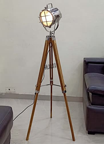 Lampadaire nautique Hollywood Studio Vintage Design industriel Spot avec magnifique trépied en bois de teck naturel