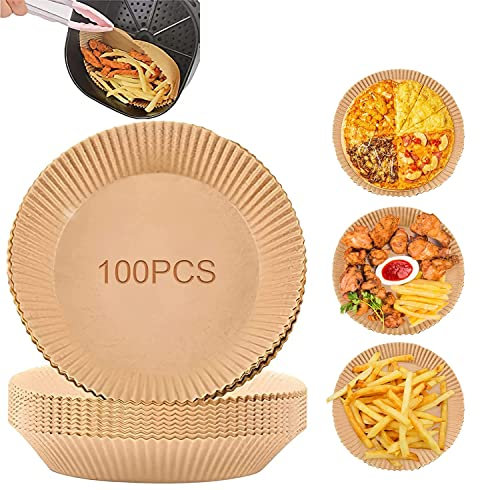 Backpapier Air fryer Rund, 100 Stück Antihaft-Einweg-Luftfritteusen Pergamentpapier für Heißluftfritteuse Bratpfanne Ofen Bratpfanne, Backpapier für Heißluftfritteuse(6.3IN)