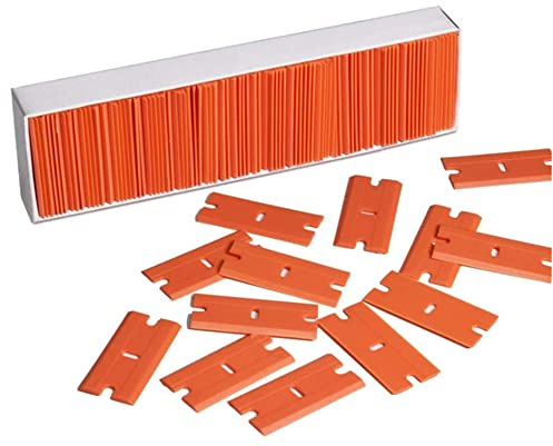 100 lame in plastica per raschietto, lame in plastica per rimuovere finestre, vernice, vetro, colla, adesivi, 3,9 x 1,8 cm, arancione