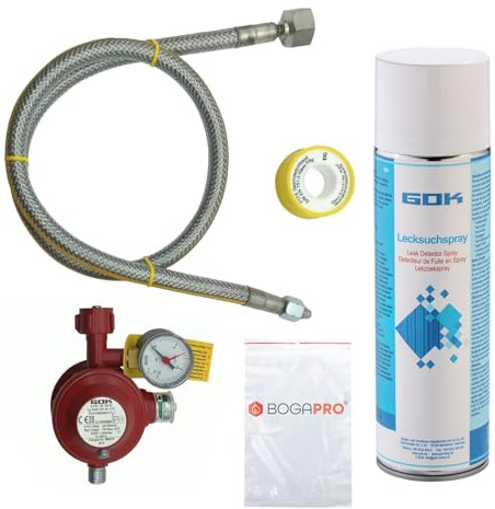 BOGAPRO GOK Herd Anschluss Set Pro, mit Kontrollmanometer, Absperreinrichtung, 100 cm Gasschlauch und Teflonband, 50 mbar Betriebsdruck, inkl. Lecksuchspray und Polybeutel