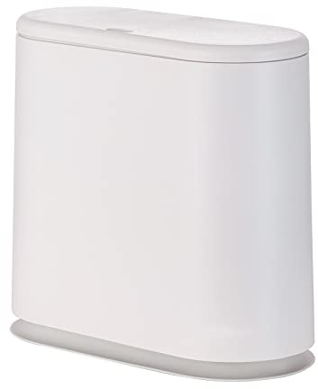 12L White Slim Bathroom Trash Can with Press Top Lid,3.17 Gallon Pet/Dog Proof Kitchen Trash Can,Thin Garbage Can,Covered Wastebasket,Narrow Small Plastic Trashcan for Craft Room,Bedroom,Office,Dorm