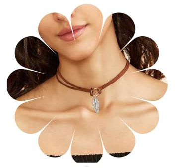 Allereya Vintage Geschichtet Leder Halskette - Silber Feder Anhänger, Braun Kurz Samt Choker, Geometrischen Kreis Schmuck Für Frauen Und Mädchen (Braun)