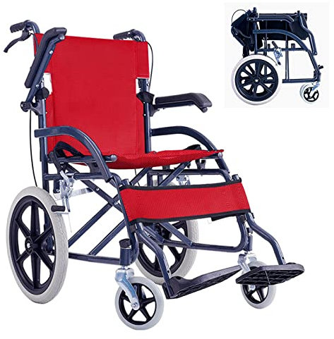 Rollstuhl Faltbar Leicht Reiserollstuhl mit Trommelbremse, Schmaler Rollstuhl für Wohnung, Transportrollstühle, Klappbare Armlehnen, Sitzbreite 48 cm,Rot