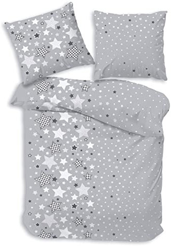 MTOnlinehandel Ropa de cama de franela de 135 x 200 cm, diseño de estrellas, color gris, ropa de cama para adolescentes, ropa de cama infantil para niñas y niños, funda de almohada de 80 x 80 cm y