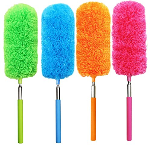 4 Pack Microfiber Feather Duster, with Extendable Pole and Bendable Head, Washable Microfibre Cleaning Tool for Cleaning Office, Car, Computer, Furniture, Sofa, Photo Frame