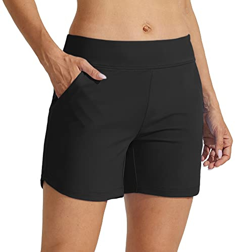 WILLIT Badshorts för damer, badbyxor, simshorts, boardshorts, snabbtorkande bikinishorts med fickor, innerfoder 12,7 cm, svart, XL