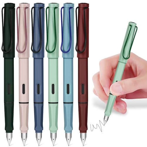 AUAUY 6PCS Fountain Pen Set, Matte Fountain Pens, Replaceable Fountain Pen Set 0.38mm Nib Refillable Ink, Portable Fountain Pens for Writing, Painting, Children, Adults, Home, Office, School Supplies