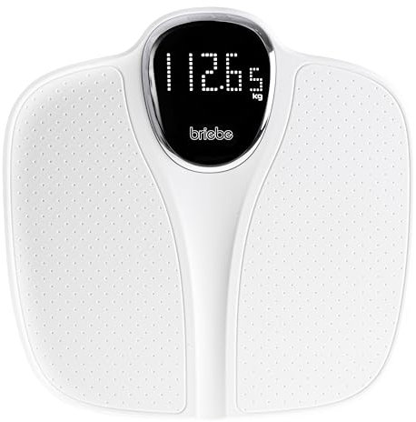 briebe Báscula de Baño Digital, Alta Precisión, Pantalla LCD, hasta 180Kg, Diseño Moderno, Encendido y Apagado Automático, Superficie Antideslizante, Modo Pesaje Bebés, Blanco, SC1125W
