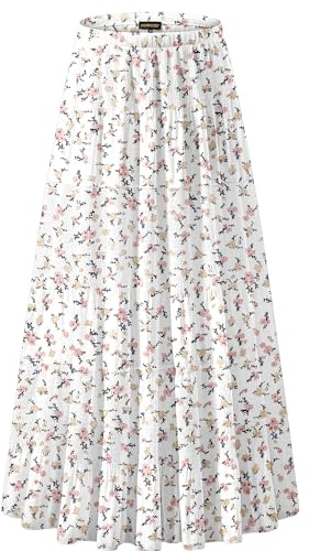 NASHALYLY Women's Chiffon Elastic High Waist Pleated A-Line Flared Maxi Skirts(Shiny Floral,M)