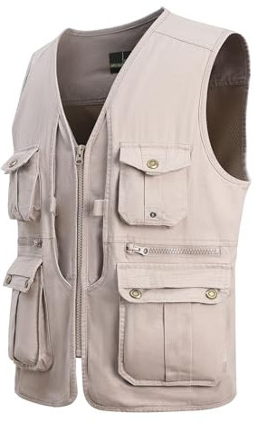 MeiLayM Herren Outdoor Weste Anglerweste mit Vielen Taschen Freizeit Jagd Herrenwesten Sommer Camping Multifunktionsweste Schnelltrocknend Ärmellos Jacke Fotografie Hundesport Weste Beige,L