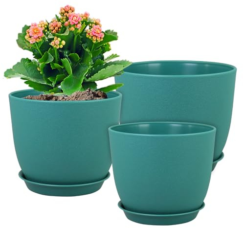 WSMKSZ Set di 3 fioriere decorative moderne in plastica, 25/22/20,3 cm, colore foglia di tè, vasi da giardino per piante da interni ed esterni, con fori di drenaggio e vassoio