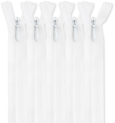 MARARDI [Packung 5] Unsichtbaren Reißverschlüssen [Weiß] Nylon [22 cm] Nähen und Basteln zum Kleidung Taschen Stoff für Nähmaschine Patchwork Plastik Baumwolle Zipper mit Metallreißverschluss