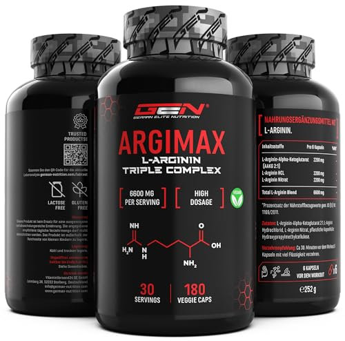 ARGIMAX - L-Arginin Triple Komplex - 6600 mg je Tagesportion - Premium: Komplex aus AAKG, L-Arginin HCL & Arginin Nitrat - 180 Kapseln - Hochdosiert - Vegan