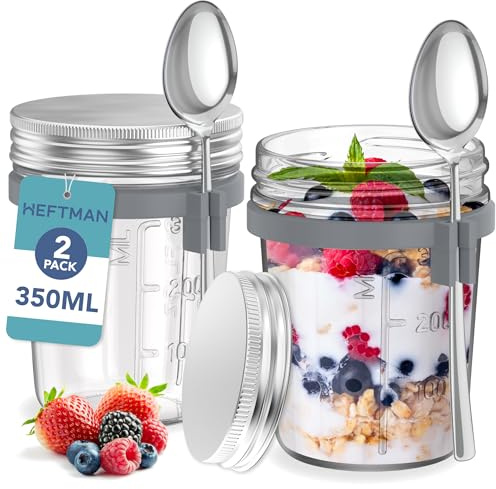 HEFTMAN Mason Jars for Overnight Oats - 2 Pack, 350ml | Overnight Oats Jar with Spoons, Airtight Stainless Steel Lids, Food-Safe Glass Breakfast Pots for Yogurt, Chia Pudding