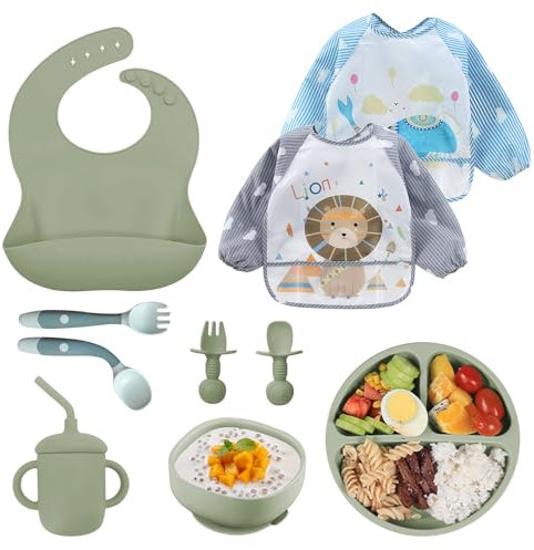 Vajilla Bebé Silicona, 10 piezas Juegos de vajilla, Cubiertos bebe, Vajilla infantil, pajita antiahogo y cubiertos con plato ventosa bebe mango de madera Babero de silicona Tenedor Babero Set (Verde)
