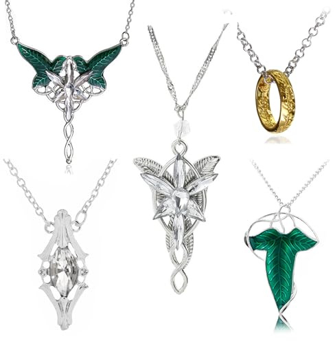 JinYu 5er-Set grüne Baumblatt-Anstecknadeln aus Emaille, Broschen-Anhänger, Halskette mit Gravur, goldfarben, Ring-Anhänger, Halskette für Fans, Cosplay-Kostüm, Schmuck, Zink