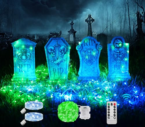 Maxee 4 Pcs 16.2 Halloween Tombstones Decoration with 1 Green Remote Light(8 Light Modes), 2 Blue Lights(3 Modes), Plastic RIP Grave Yard Signs with 8 Stakes for Grave, Outdoor Garden, Party Decor