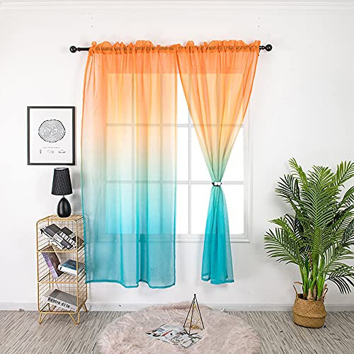 SCHOAL Gardinen mit Tunnelzug Transparente Vorhänge Leinen Fensterschal Modern Farbverlauf Wohnzimmer BxH 140x245cm 1 Stück Orange-Gelb-Blau