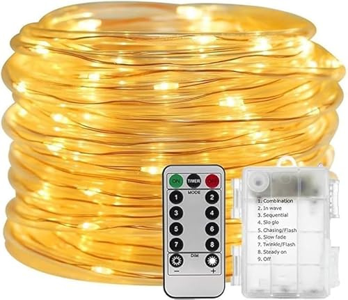 Tubo Luci a Corda, 12M/39ft 100LED Impermeabile 8 Modalità/Remote LED Luce Stringa Fata Luminosa, Luci della corda alimentate a batteria Outdoor Indoor per Decorazioni di Natale (Bianco caldo)
