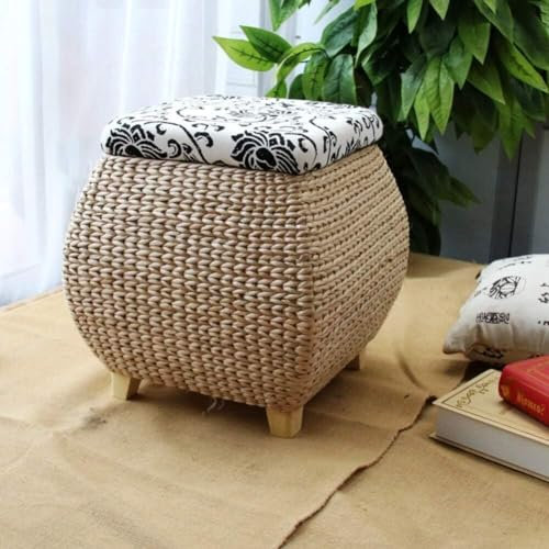 Braun Ottoman Pouf Fußhocker mit Deckel und Aufbewahrung, Rattan-Fußhocker für Schlafzimmer, Eingangshalle – Massivholz-Fußstütze für Balkon