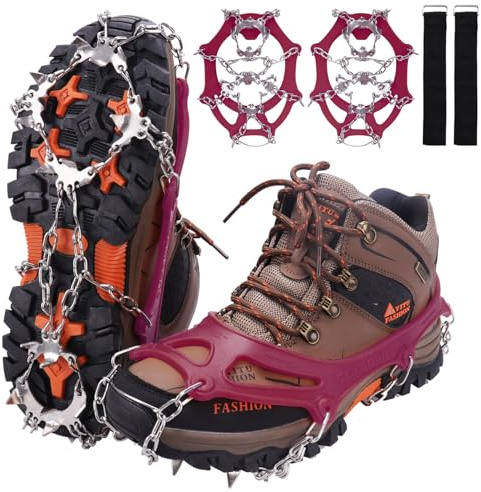 WIN.MAX Crampons for Shoes, Traction Cleats Ice Snow Grips with 19 Stainless Steel Spikes, Shoe Talons Anti - Slip Boots Spikes for Walking, Jogging, Climbing and Hiking (Red, M)