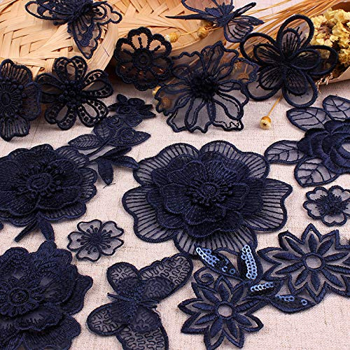 SYSUII 12 pezzi blu navy fiori applique adesivi fai da te applique pizzo applique toppe da applicare con ferro da stiro, applicazione per abbigliamento fai da te, jeans, magliette, giacche, zaini