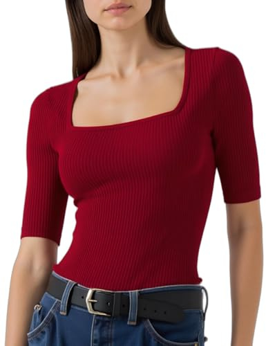 WOWENY Camiseta de media manga acanalada para mujer, corte ajustado, camiseta básica, cuello cuadrado, manga corta, jersey, camiseta elástica, informal, blusa