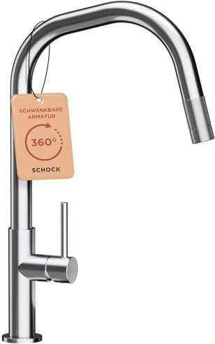 SCHOCK Wasserhahn Küche Talinos Edelstahl | Küchenarmatur mit herausziehbarer Brause für Spülbecken und Waschbecken | Hochdruck Armatur Küche passend für Einbauspüle und Küchenspüle mit Mischbatterie