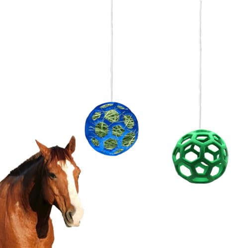 WoYous 2 Stuck Pferde Leckerli Ball Set - Hängende Heu Das Füttern Verlangsamen, Futterball Spielzeug für Ziegen, Schafe (Grün und Blau)