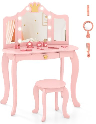 LIFEZEAL tavolino da toilette per bambini, tavolino da trucco con sgabello per bambine, tavolino da toilette, con luce LED, 8 lampadine e specchio pieghevole, set tavolo e sedia con cassetto (rosa)