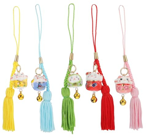 HOUDERCO Pendentifs Chat en Céramique Clochettes Artisanat Soigné Ensemble de 5 Plusieurs styles et Design Unique Ornement Décoratif pour Téléphone et Porte-clés