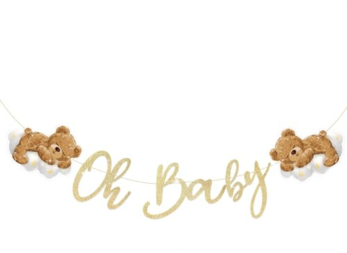 MEJOSER Babyparty Deko Oh Baby Girlande Junge Mädchen We can Bearly Wait Baby Shower Babyparty Deko Neutral Banner Bär Bärchen Gold Beige Glitzer Babydusche Gender Reveal Party