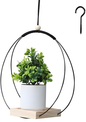 SI SEN Fiori Sospesi con Base in Legno, Fioriera Sospesa ad Anello in Metallo Rotondo, H 108 cm Porta Vasi da Appendere, per Appendere le Piante su Pareti e Finestre