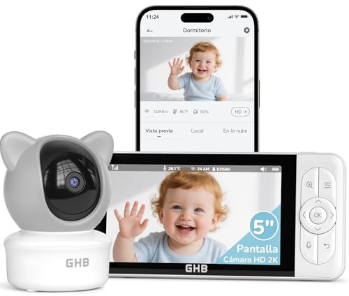 GHB Baby Monitor Video e Audio 5, Telecamera 2K, 350°/65° PTZ, 3000mAh, Controllo Tramite App e Monitor IPS, Rilevamento di Movimento/Pianto/Temperatura, Visione Notturna