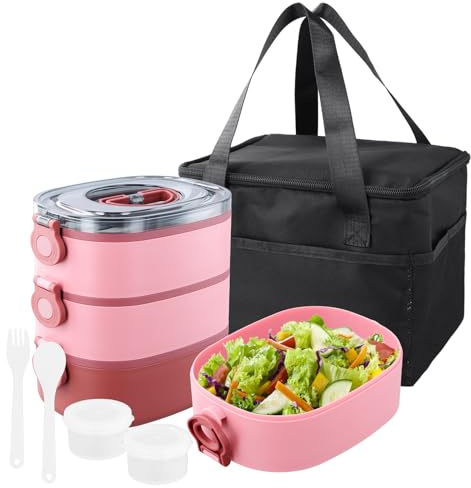 3 en 1 Bento Lunch Box 2800ml, Assiette Compartiment Adulte Empilables avec Lunch Bag Couverts Partition, Boite Repas Micro-Ondable Anti-Fuite Sans BPA, Boîte à Goûter Enfant Travail Ecole (Rose)