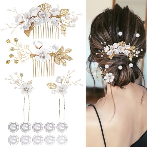 4st bröllopshårtillbehör för kvinnor, eleganta brudhårnålar Blomma brudtärna hårtillbehör 10st spiralpärla hårnålar för brudar Brudtärnor Kvinnor Flickor (Vit)