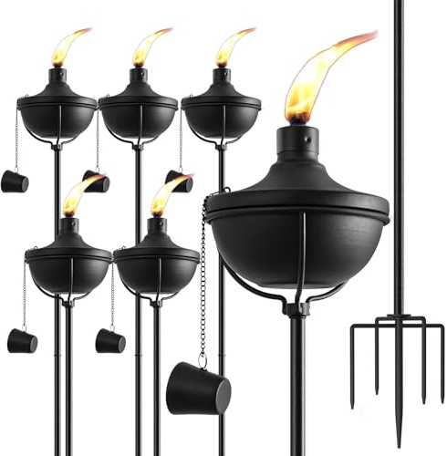 ZSPENG Home Garden Metal Torch Set of 6, Outdoor Citronella Torches with 5-Prong Grounded Stake, 56-Inch Adjustable Height, 23.5 oz Capacity for Patio, Pathway, Party (Ultra-Stable Design, Black)