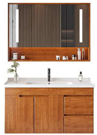 Wandmontierte massive Eiche, schwimmend mit Schrank, Kombi, schwarzer Wasserhahn, Badezimmer-Waschtisch-Set, mit High-Definition-Spiegelschrank, Schubladen/Regal, für Bad im nordischen Stil