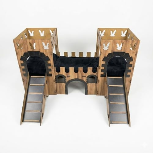 Modernes Kaninchenschloss mit Terrasse & Holzbrücke – 2-stöckiges großes Hasenhaus aus Sperrholz – Handgefertigte Kaninchenburg für bis zu 4 Kaninchen (Eiche-Schwarz, N)