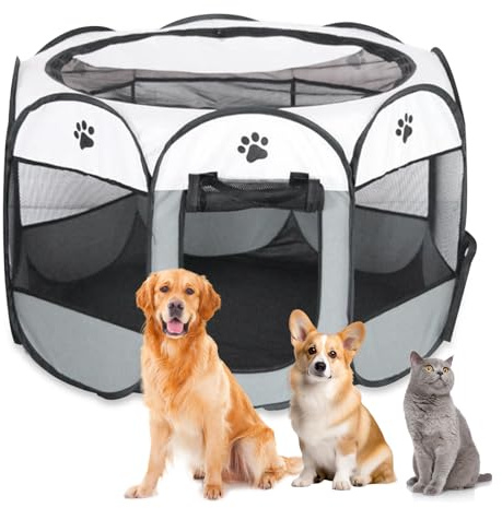 Parc Pliable pour Animaux de Compagnie 74x74x43cm, Cage de Chiens Portable, Parc Portable pour Chats, Enclos Portable pour Chats, Chiens, Lapins, Petits Animaux (Gris-Octogone, S)