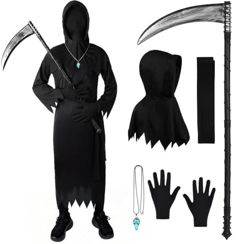 BSBUY Costume da Bambino da Morte, 6PCS Spaventoso Morte Vestito con Falce, Mietitore Costume per Bambini di Halloween, Vestiti Mietitore Pauroso, Bambini Scream Fantasma Vestito di Carnevale, Feste
