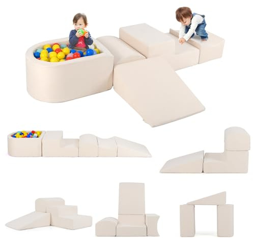 GOPLUS Schaumstoffbausteine mit Bällebad, 5-teiliges Softbausteine mit Wildlederbezug, Hochdichtes Schaumstoff, Weiche Riesenbausteine für Kleinkinder zum Klettern, Ohne Bällebad (Beige)