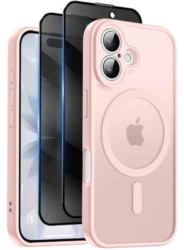 Helssitot Coque Magnétique pour iPhone 17 avec 2 Verre Trempé Anti-Espion, Compatible avec MagSafe, Étui Mat Translucide Arrière Housse Antichoc Anti-Rayures pour iPhone 17, Rose