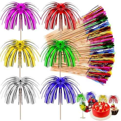 CIATBYYJ 100 Stück Feuerwerk Cocktail Deko,Cocktailspieße Bunte,Cocktail Deko Zubehör,15cm Holz Frucht Zahnstocher,Spieße Fingerfood für Geburtstag Hochzeit Weihnachten Party Getränke und Kuchen