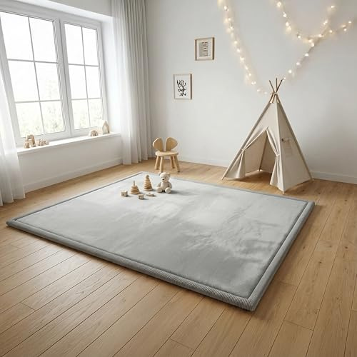 FRIEDO Krabbelmatte Baby I ÖKOTEX Zertifiziert I 140x200cm hellgrau I Extra dick und weiche Spielmatte, Spielteppich I Rutschfester, wasserabweisender Teppich für Wohn und Kinderzimmer I Tatami Matte