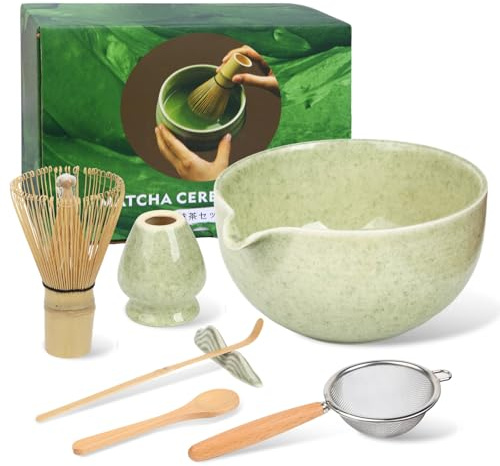 LgowithU Matcha Set, 7 Stück Matcha Tea Set, matcha besen, Matcha Schale mit Ausgießer, Teelöffel, Sieb und Halter, Matcha zubehör für Matcha Liebhaber, Geschenk, Grün