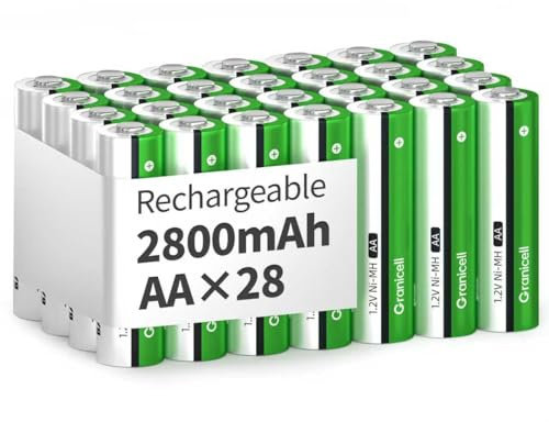 Granicell AA Rechargeable Batteries, 2800 mAh High Capacity, 1300 Cycles, 1.2V Low Self-Discharge NiMH AA Battery, 28 Count