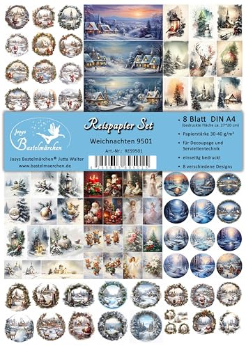 Josys Bastelmärchen 8er Set Reispapier Strohseide Decoupage Vintage Weihnachten Kranz Kugeln RES9501
